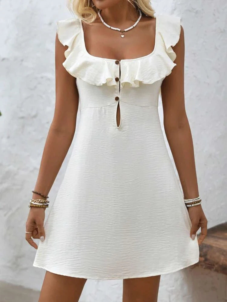 Women's White Ruffled Square Neck Dress Button Front Keyhole Detail Ideal for Beach Vacations Summer Parties Bohemian Styles