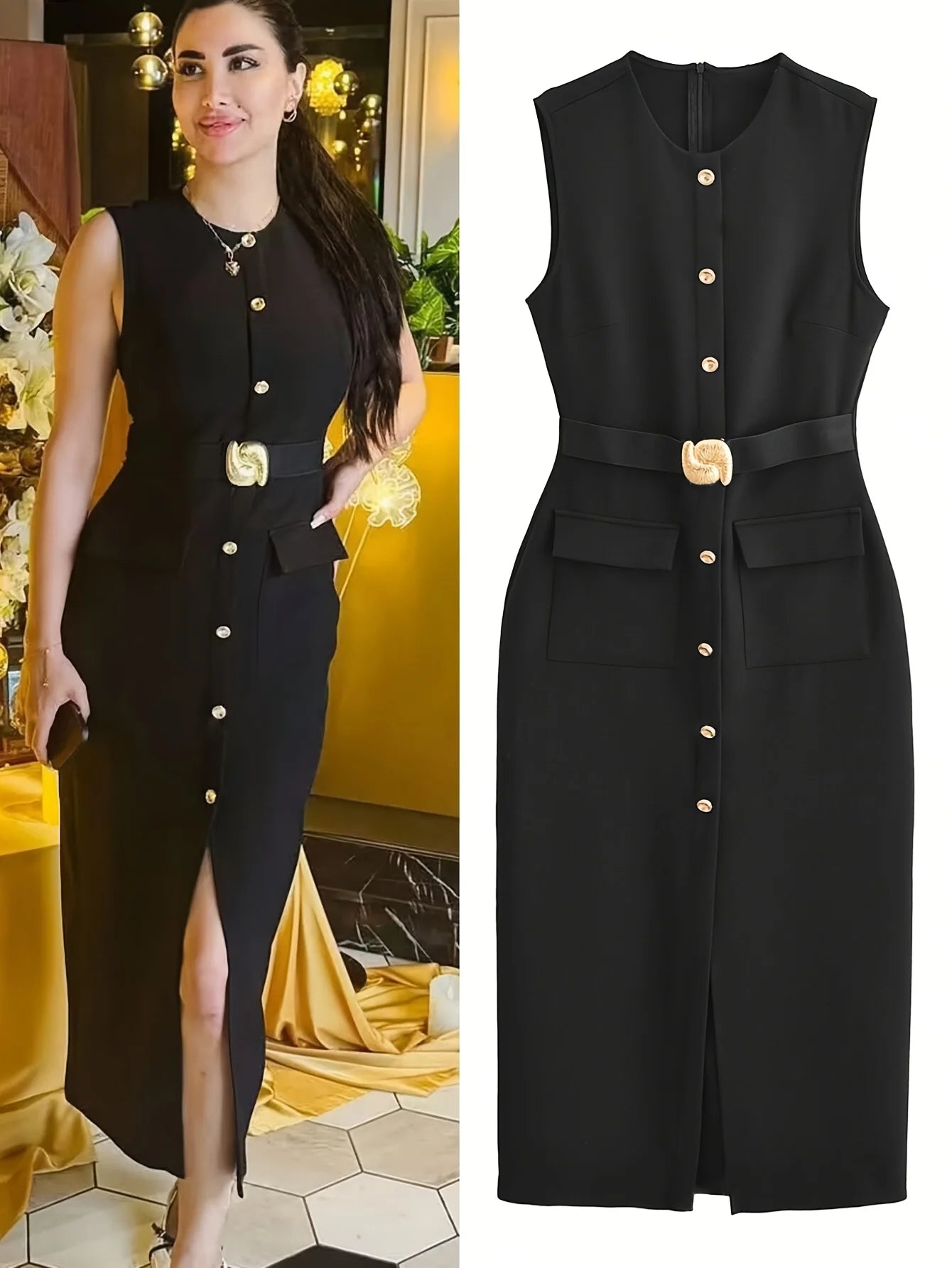 Women's Sleeveless Black Midi Dress Gold Button Front Belted Waist Ideal for Evening Events Cocktail Parties Elegant Styles