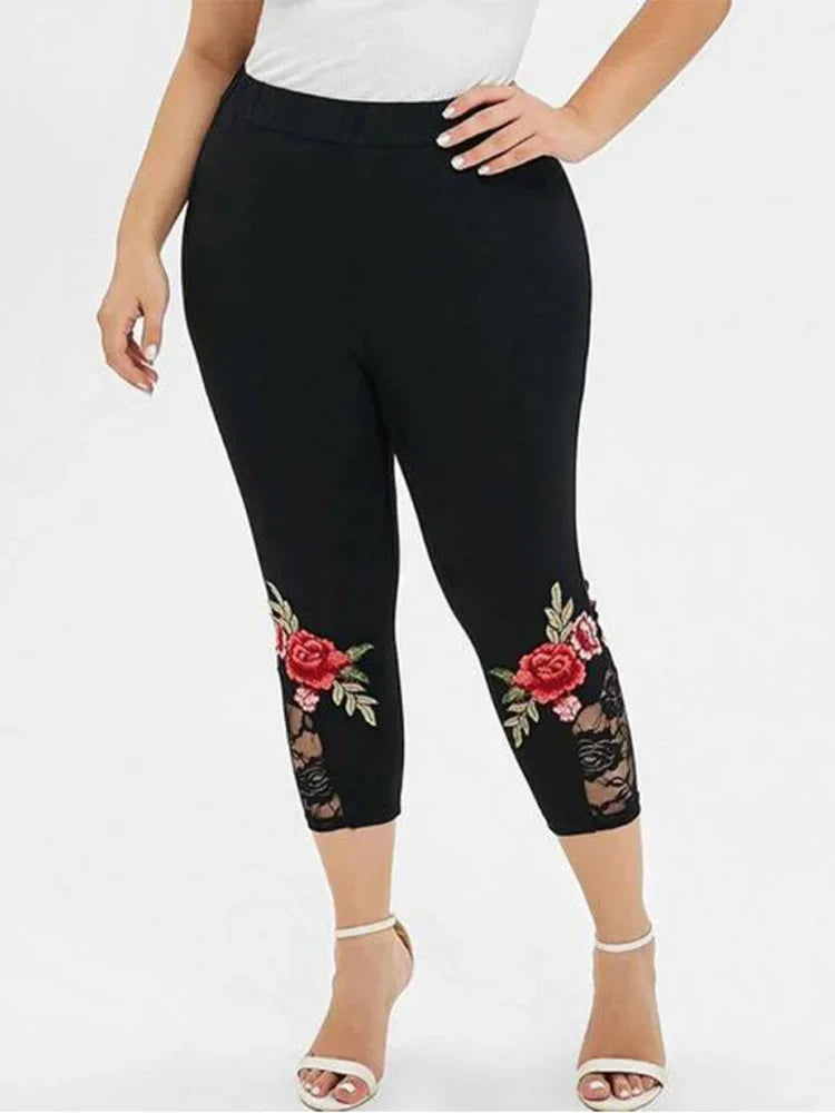 Women Rose Printed Lace Panel Slim Black Pants Female Casual Yoga Sports Elastic Leggings  S-2XL