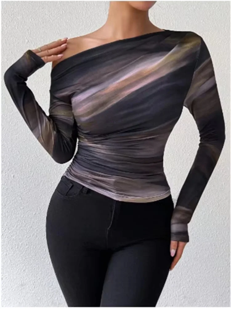 Women's Slim Fit Elegant Long Sleeved Diagonal Collar T-shirt Printed Street Sexy Versatile Autumn Top