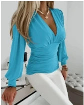 Elegant Printed Top Women Deep V-Neck Long Black Transparent Sleeve T-Shirt Spring Autumn Blouse Clothes