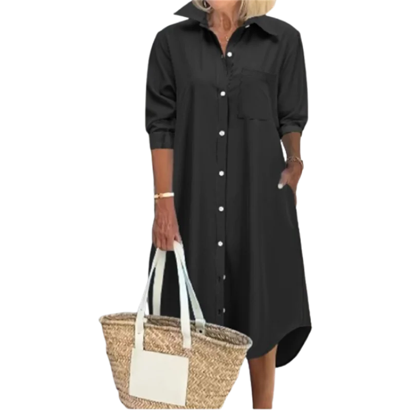 Solid Color Lapel Long Sleeved Mid Waist Button Up Women's Dress Casual Comfort Street Fashion Commuting Style Autumn Dress