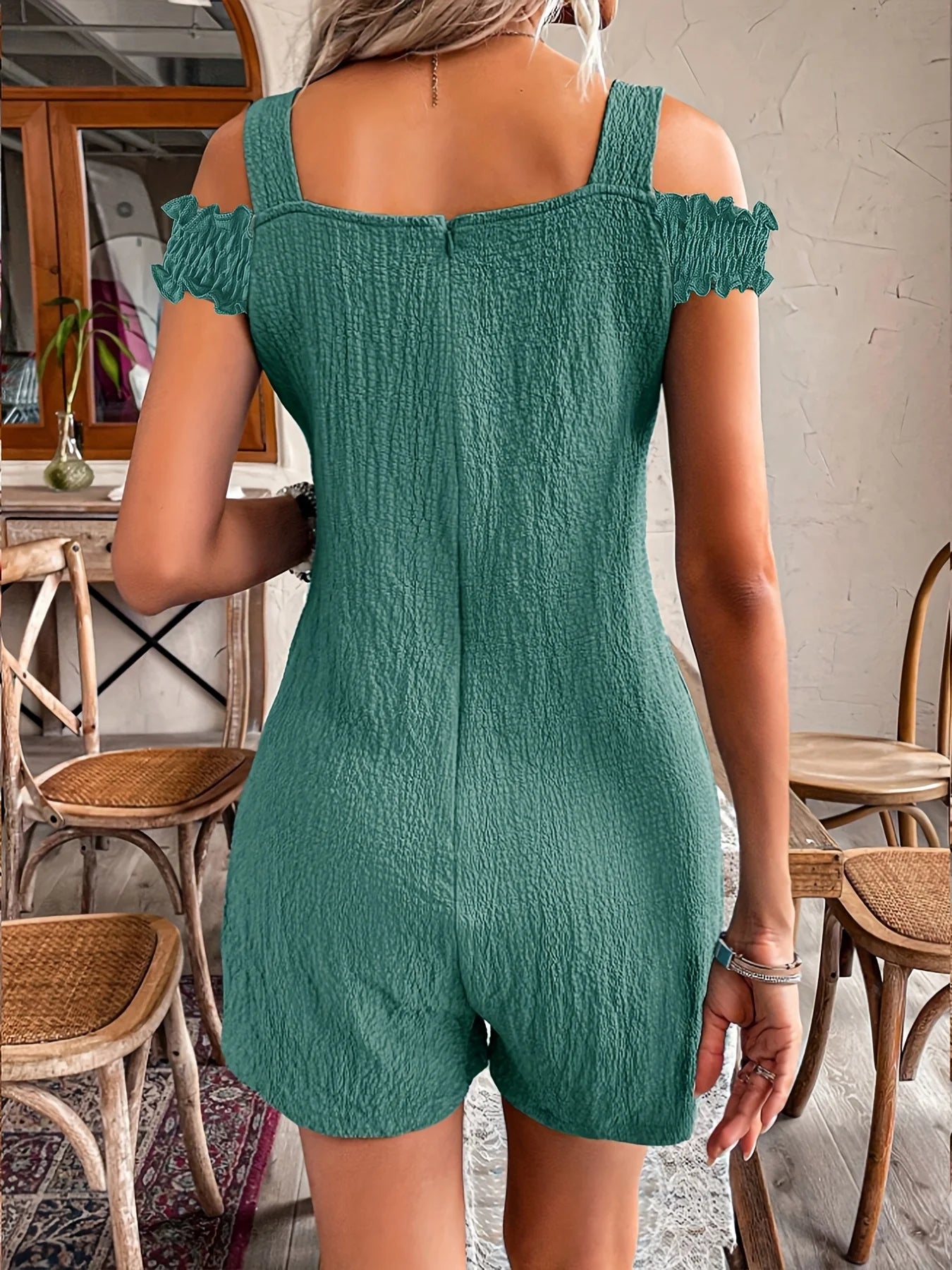 Women's Green Off Shoulder Romper Ruffled Trim V-Neck Pockets Ideal for Summer Vacations Beach Outings Bohemian Styles
