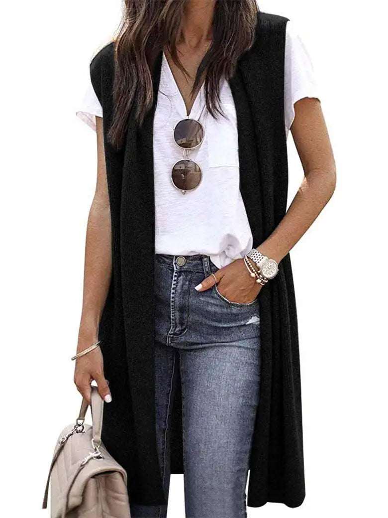 Woman Sleeveless Long Knit Cardigan Open Front Relaxed Fit Multi Color Options for Casual Chic Layering Looks Daily Wear
