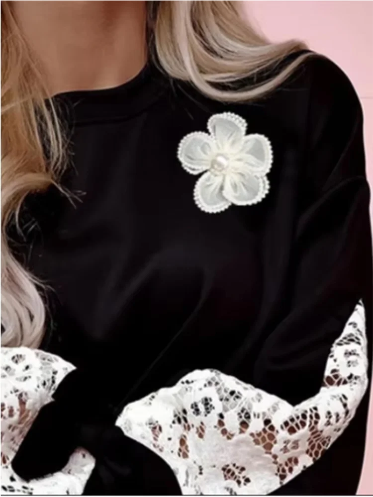 Three-dimensional Flower Splicing Lace Flare Long Sleeve T-shirt Women's Fashion Elegant Autumn Top