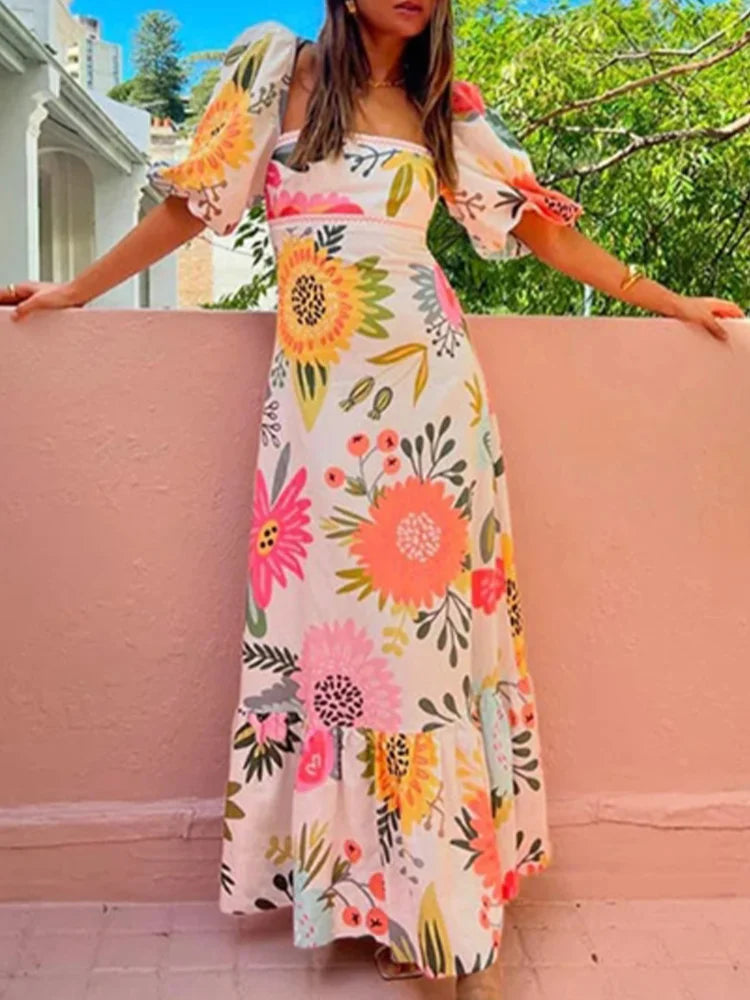 Floral Print Bubble Short Sleeved One Neck Loose Women's Dress Dating Vacation Fresh Sweet Style Summer Dresses