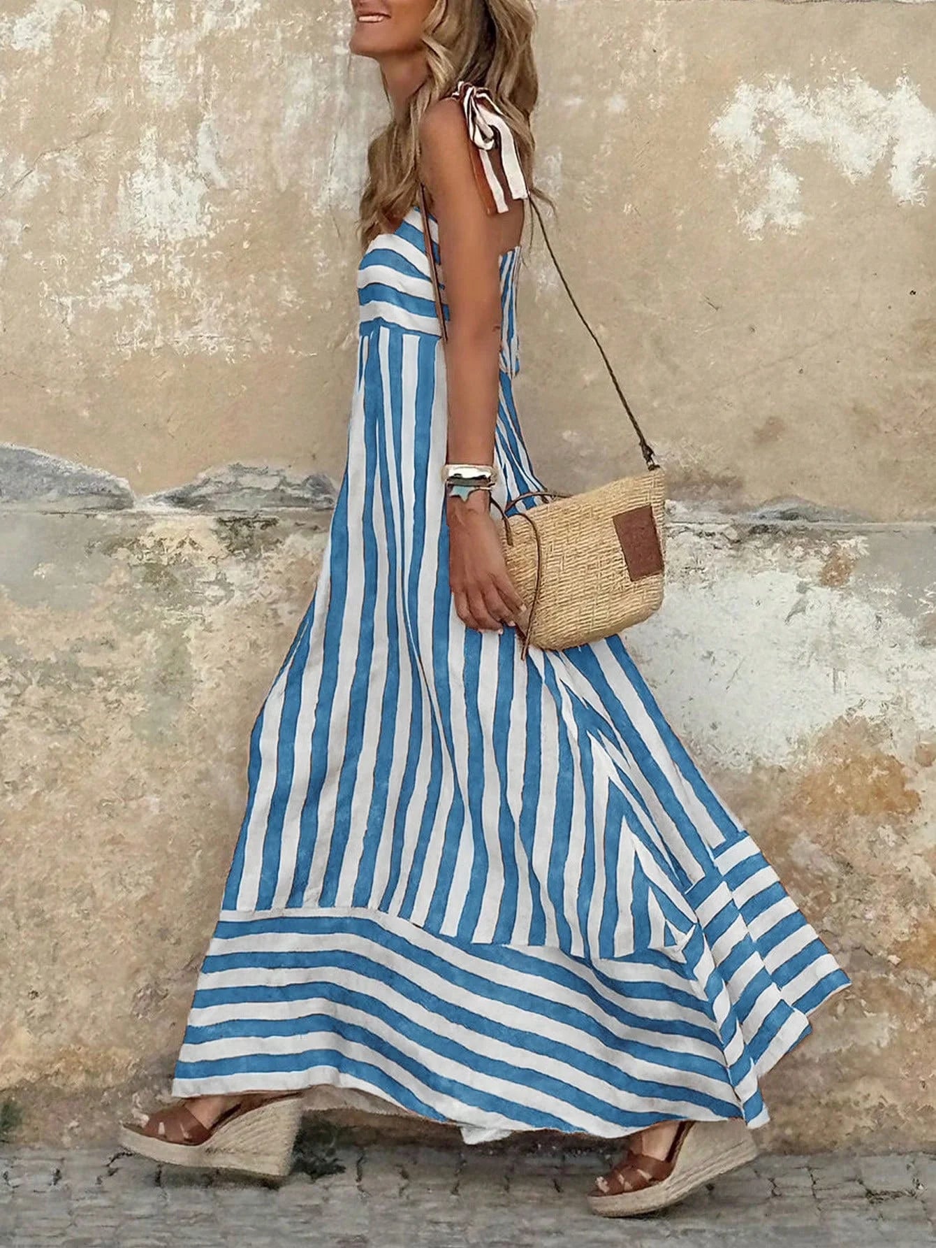 Women's Bohemian Striped Sleeveless Maxi Dress Shoulder Tie Detail Ideal for Summer Casual Outings Beach Walks
