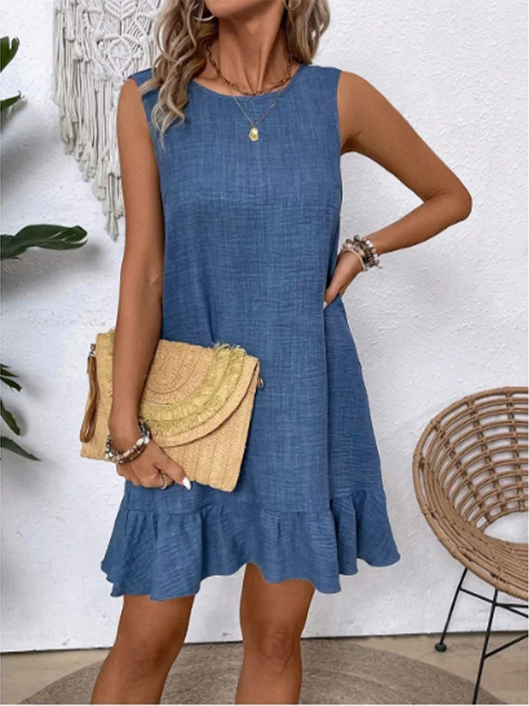Solid Color Round Neck Short Sleeved Sleeveless Lace Up Pleated Women's Dress Loose Casual Daily Commuting Style Summer Dress
