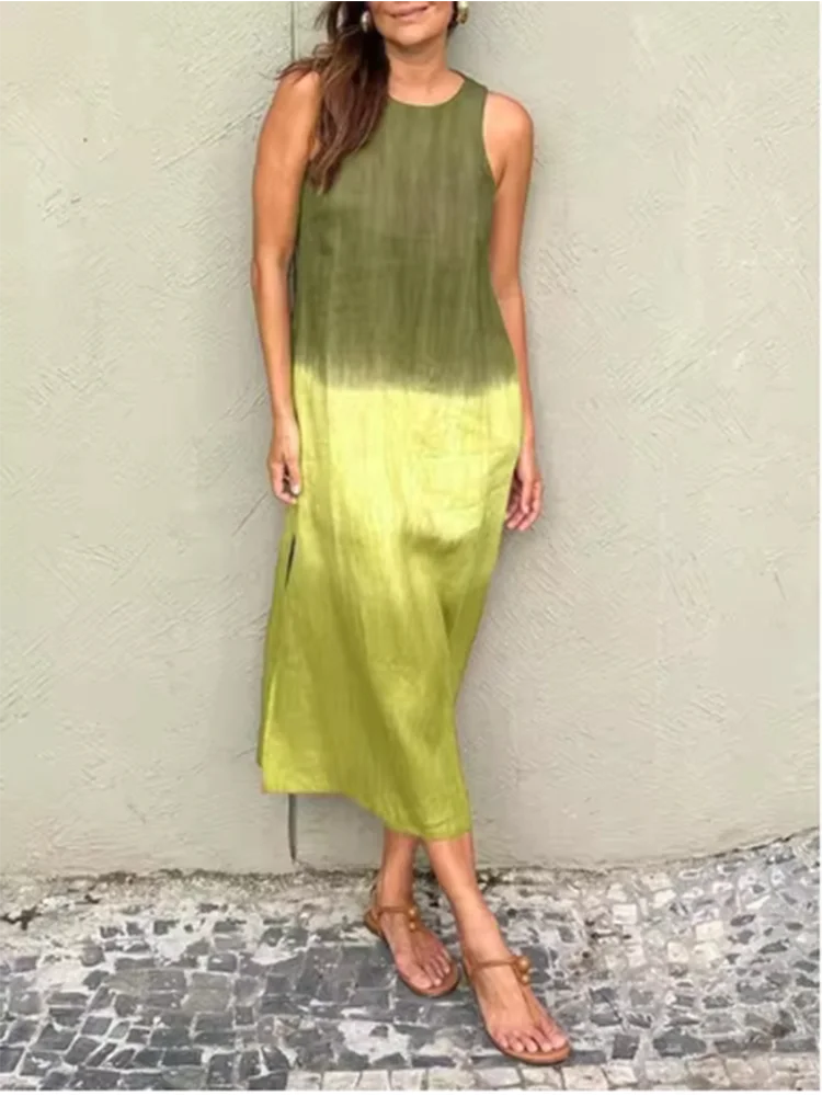 Fashion Vest Long Dress Women Summer Sleeveless o Neck Dress Summer Gradient Casual Dresses