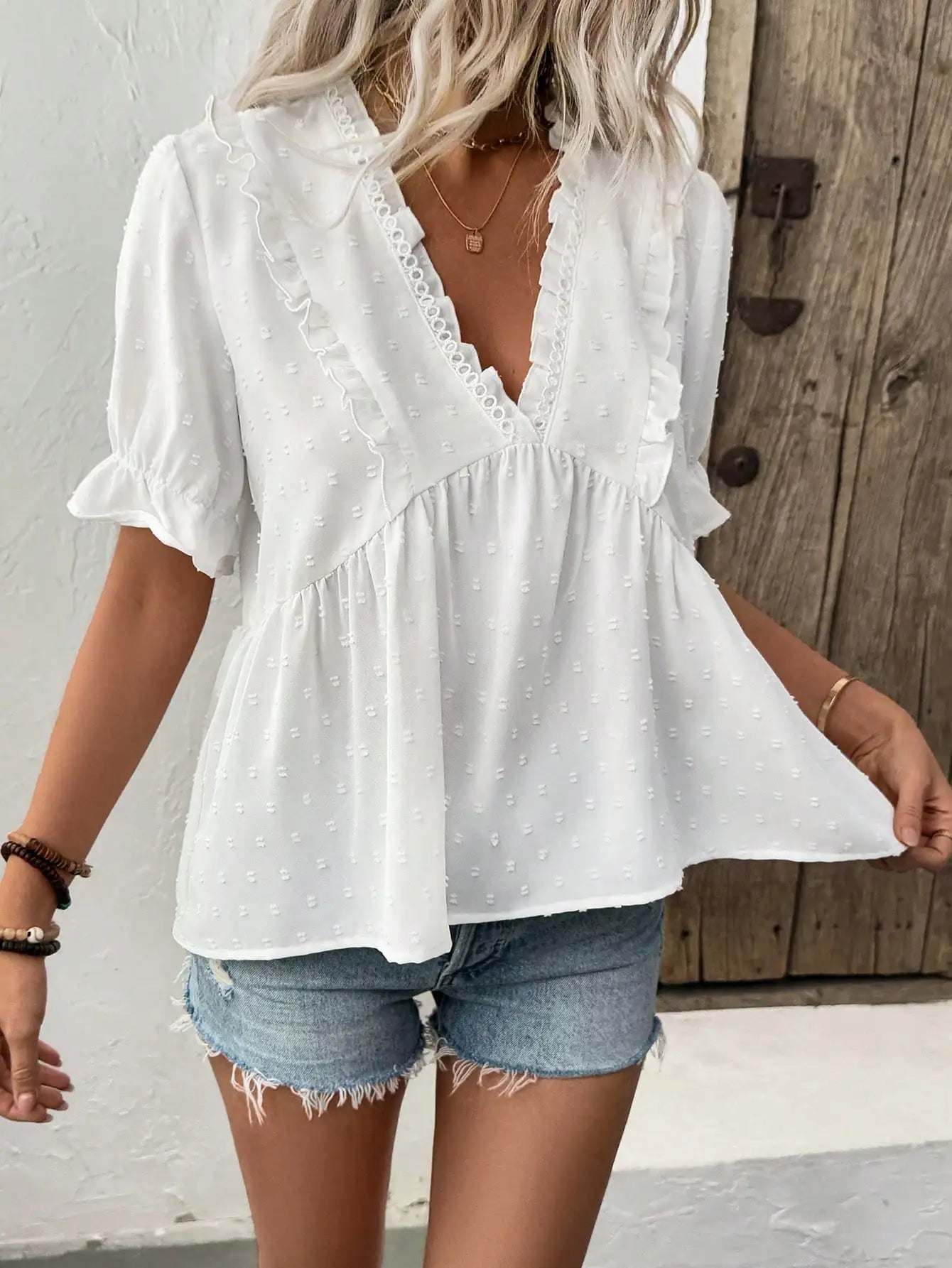 Women's White Swiss Dot Blouse Ruffled V-Neck Peplum Hem Ideal for Summer Days Casual Outings Bohemian Styles