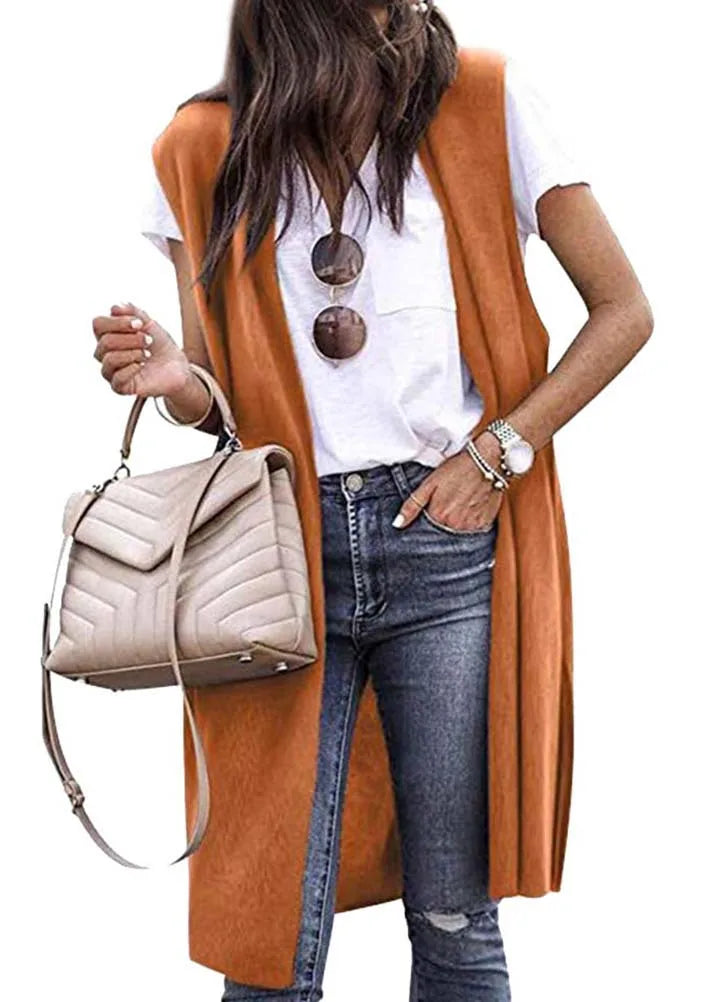 Woman Sleeveless Long Knit Cardigan Open Front Relaxed Fit Multi Color Options for Casual Chic Layering Looks Daily Wear