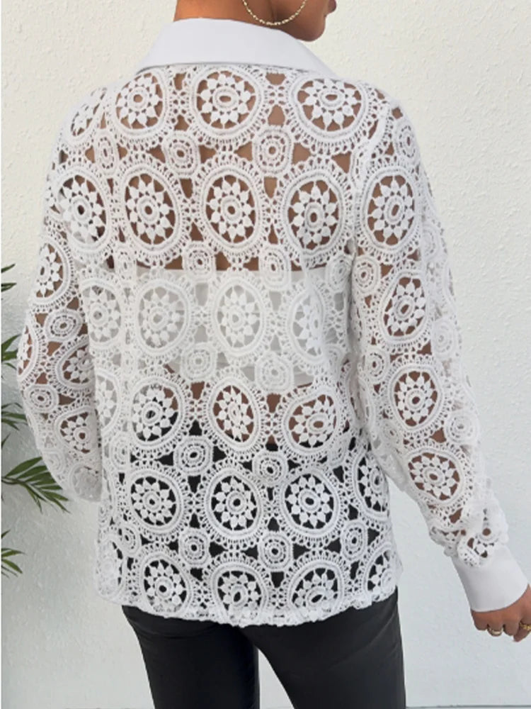 Lace Long Sleeved Solid Color V-neck Women's Shirt Elegant Versatile Daily Office Commuting Style Spring Top