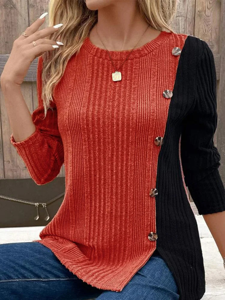 4 Color Blocked Round Neck Long Sleeved Button Fashion T-shirt Women's Casual Comfortable Autumn knited Top