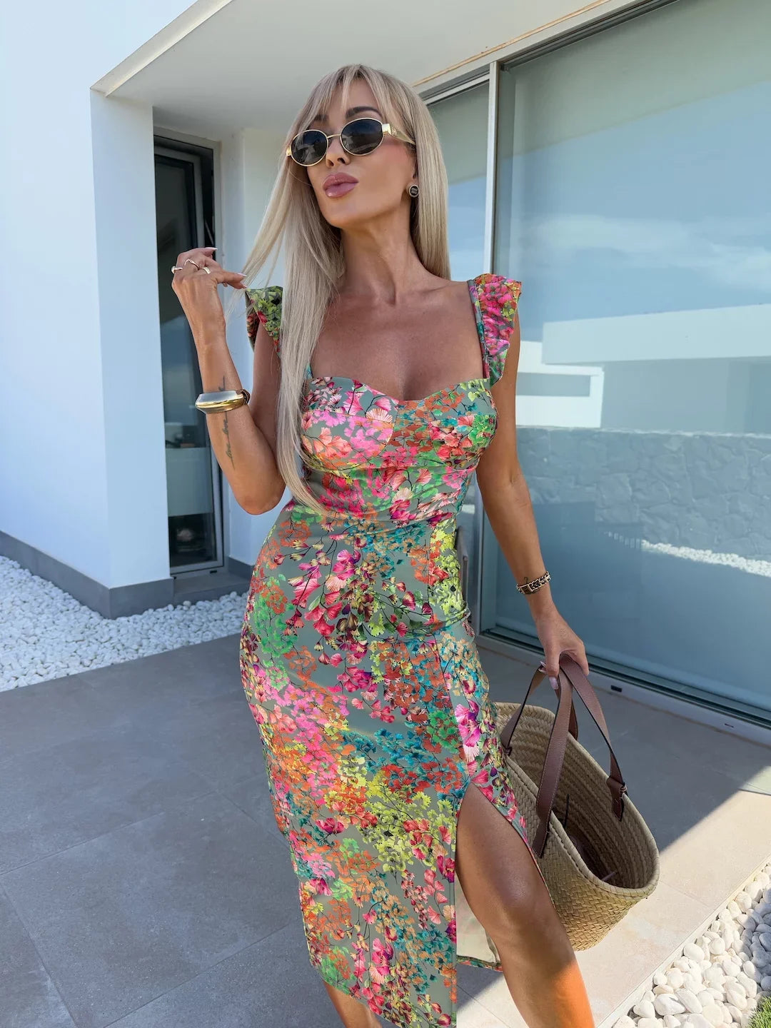 Women's Lemon Print Dress Square Neck Slit Hem Bow Straps Ideal for Summer Vacations Beach Outings Citrus Inspired Styles