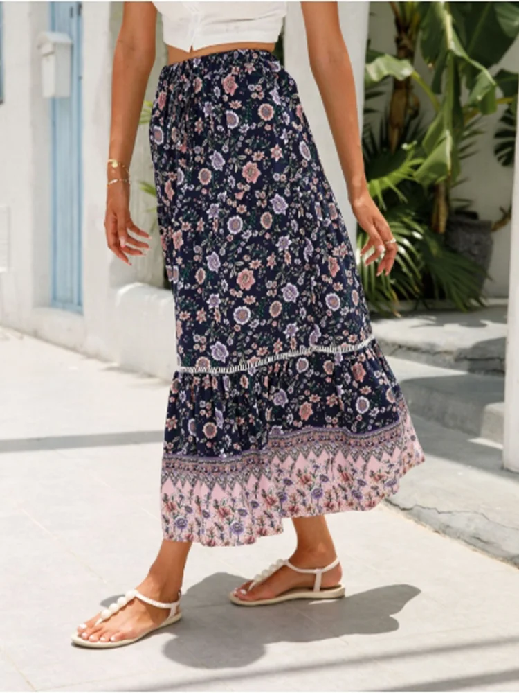 Lace Up Micro Elastic Long Skirt Floral Print Women's Half Skirt Vacation Casual Bohemian Style Summer Half Skirt