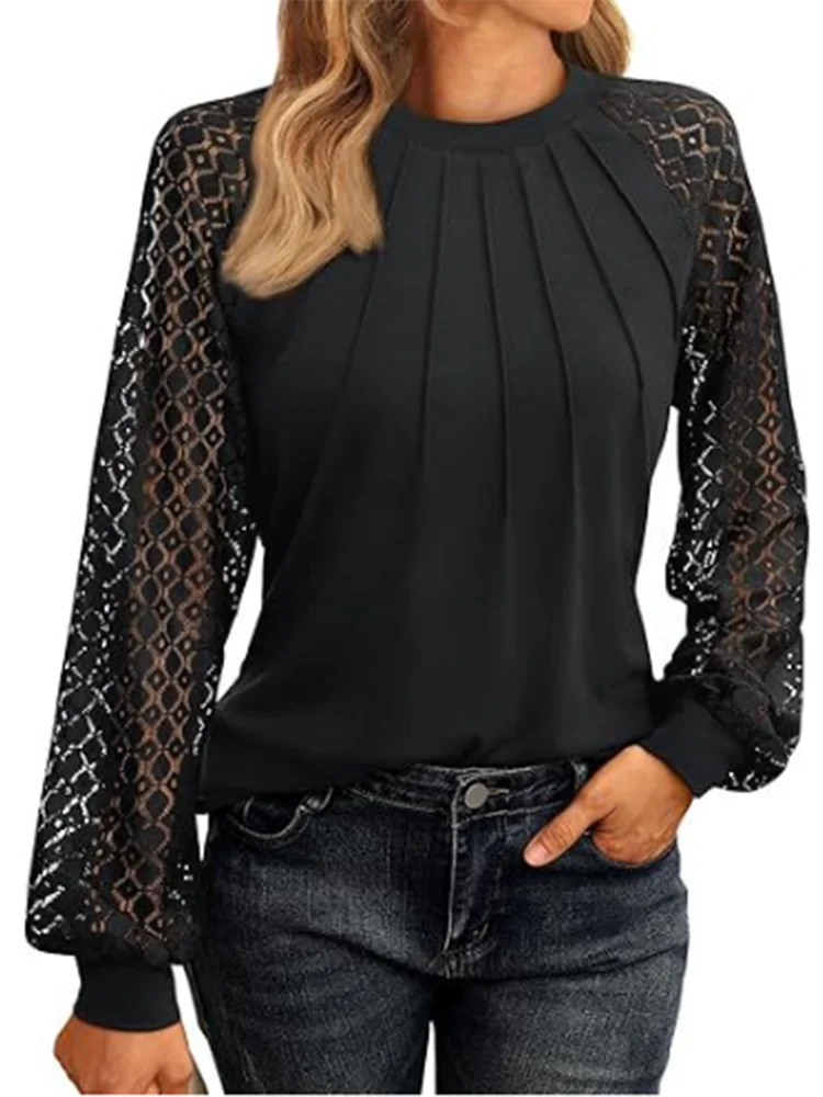 Elegant Lace Pleated Solid Color Shirts Women's Round Neck Lantern Long Sleeved Blouse Autumn Daily Casual Top