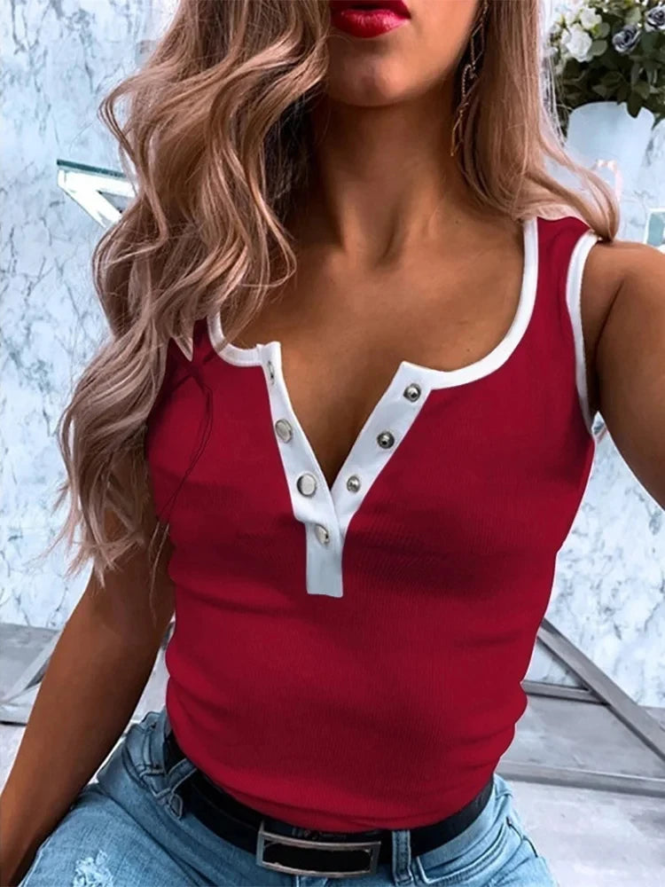 Fashion Casual Solid Color Vest Women's Button Sleeveless T-Shirt Summer Slim Tank Top