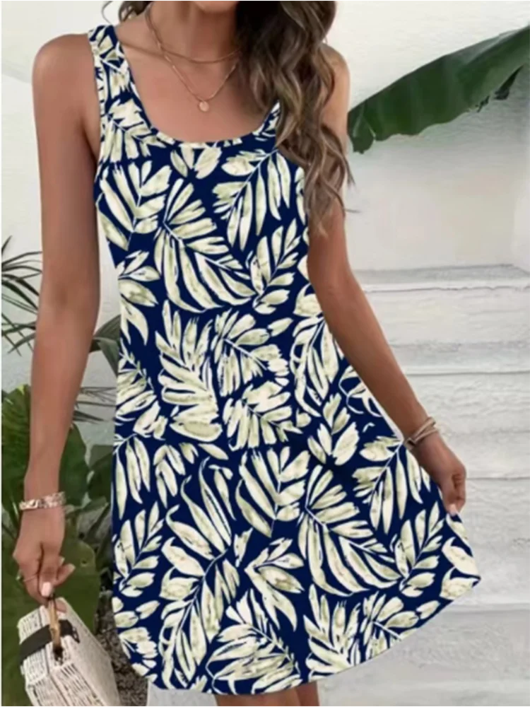 Floral Print Short Sleeved Sleeveless U-neck Sexy Women's Dress High Street Fashion Elegant Commuting Style Summer Dress