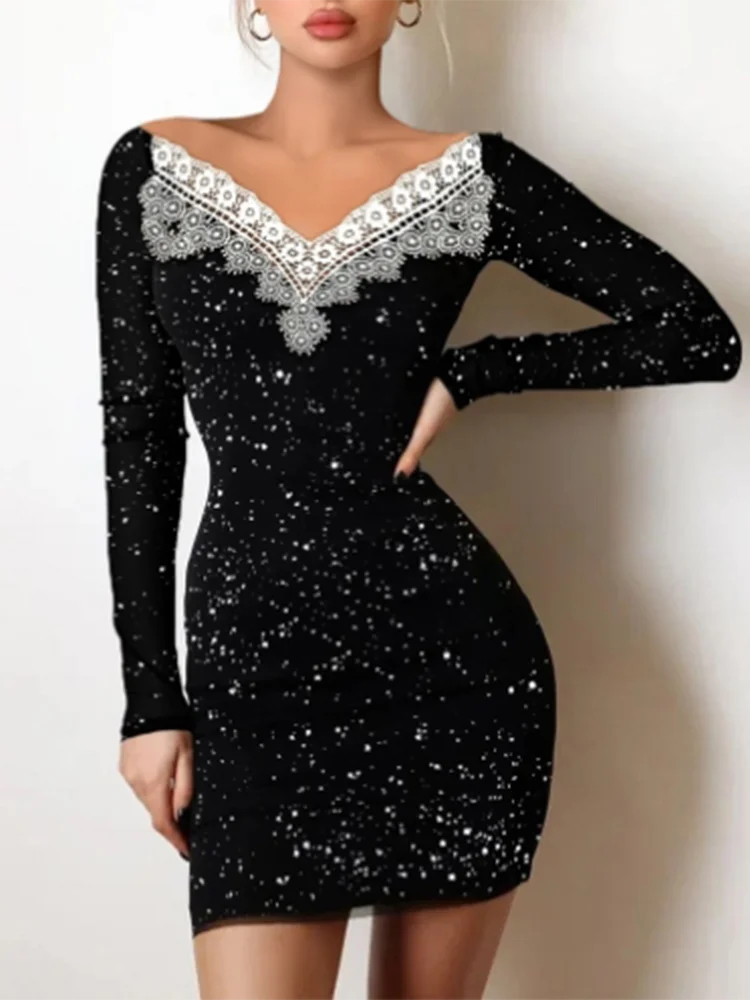 Sexy Lace Patchwork Off Shoulder Dress Women's Black Long Sleeved Mini Dress Fashion Party Evening Slim Dresses Clothes