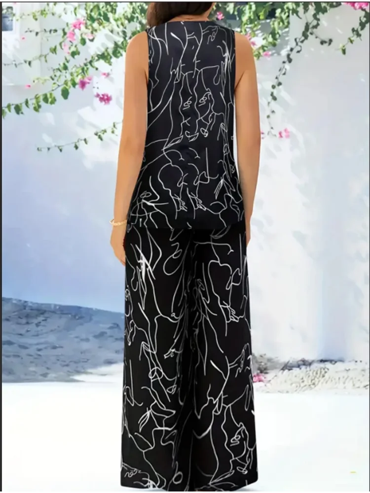 Women's Sleeveless Vest Straight Leg Pants Set Female Printed Black Sleeve Loose Pants Trendy Summer Casual Set
