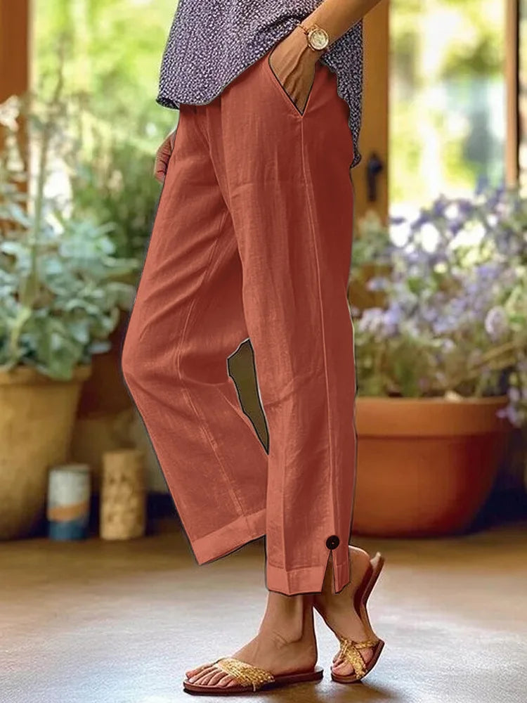 Women's Linen Wide Leg Trousers Side Slit & Button - Detailed Casual Loose Pants