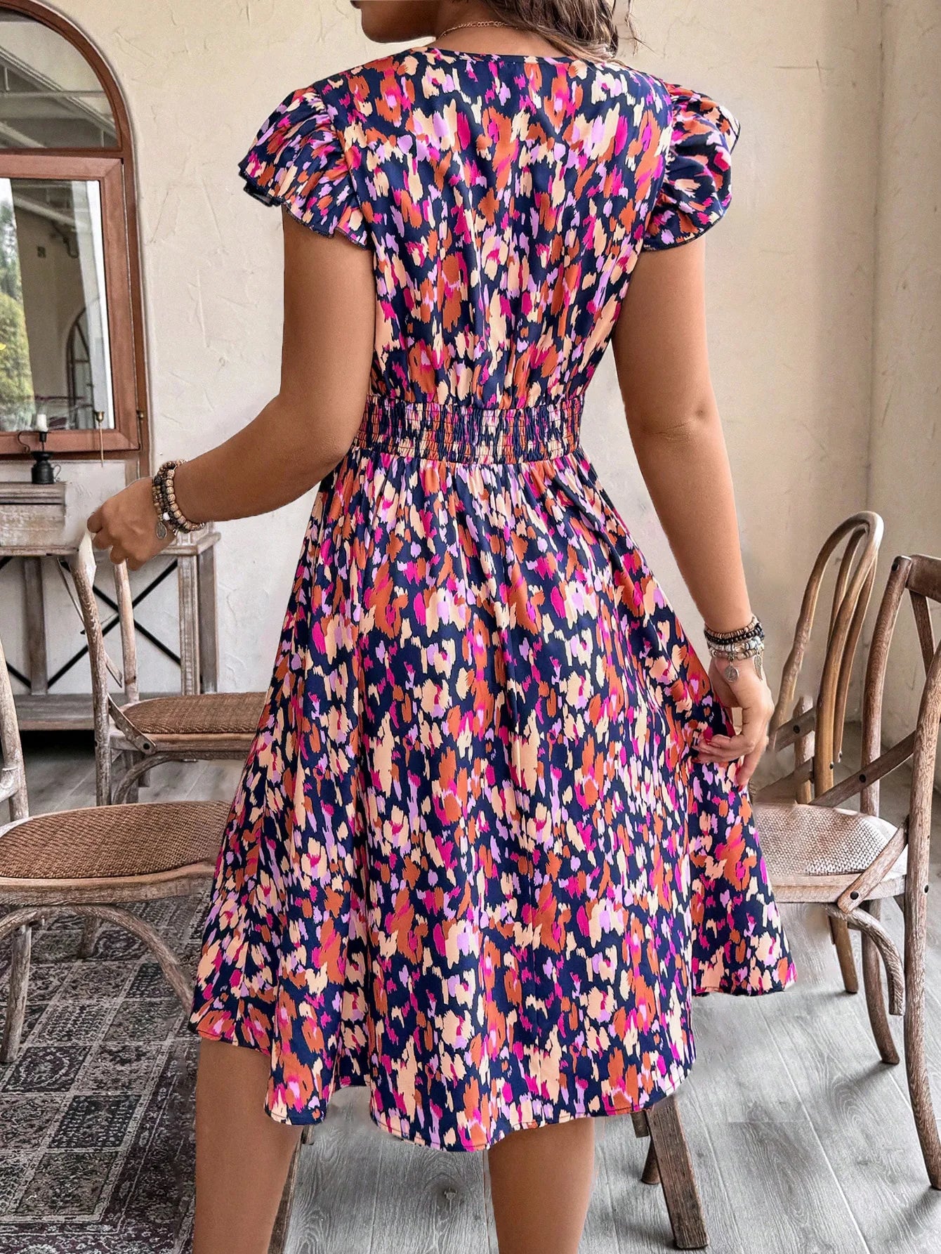 Women's Floral Print Dress V-Neck Ruffled Short Sleeves Elastic Waist Ideal for Summer Vacations Beach Outings Bohemian Styles