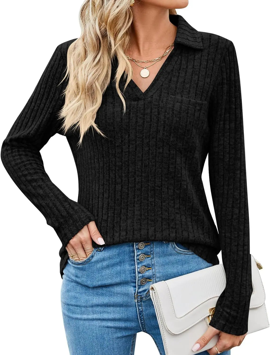 6-Color Knitted Polo Collar Top Women's Long Sleeve Striped T-shirt Spring and Autumn Comfortable Clothes 2024 New