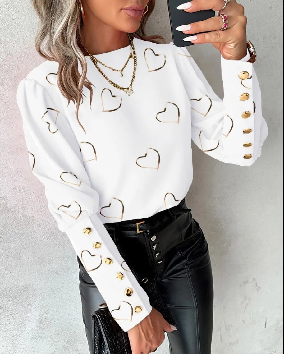 Fashion Long Sleeved Button Printed Blouse T Shirt Women's Spring Autumn Simple Pullover Top