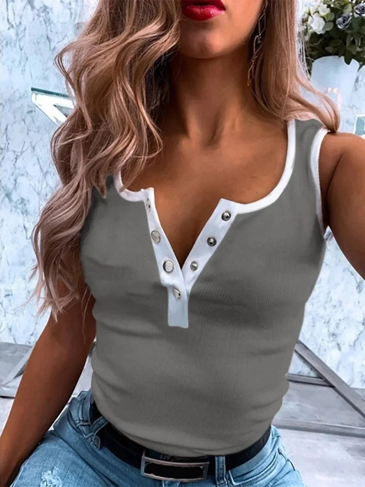 Fashion Casual Solid Color Vest Women's Button Sleeveless T-Shirt Summer Slim Tank Top