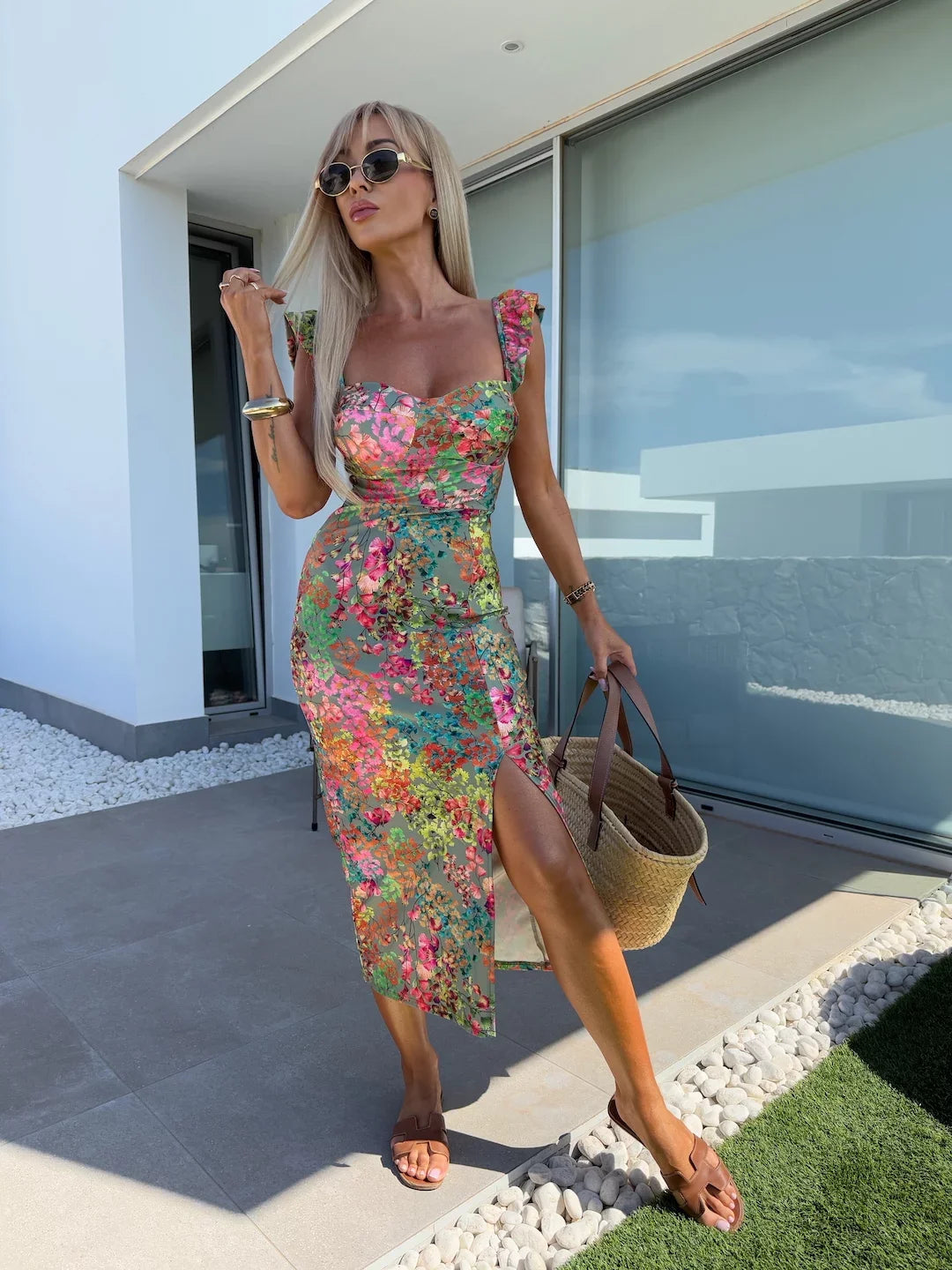 Women's Lemon Print Dress Square Neck Slit Hem Bow Straps Ideal for Summer Vacations Beach Outings Citrus Inspired Styles
