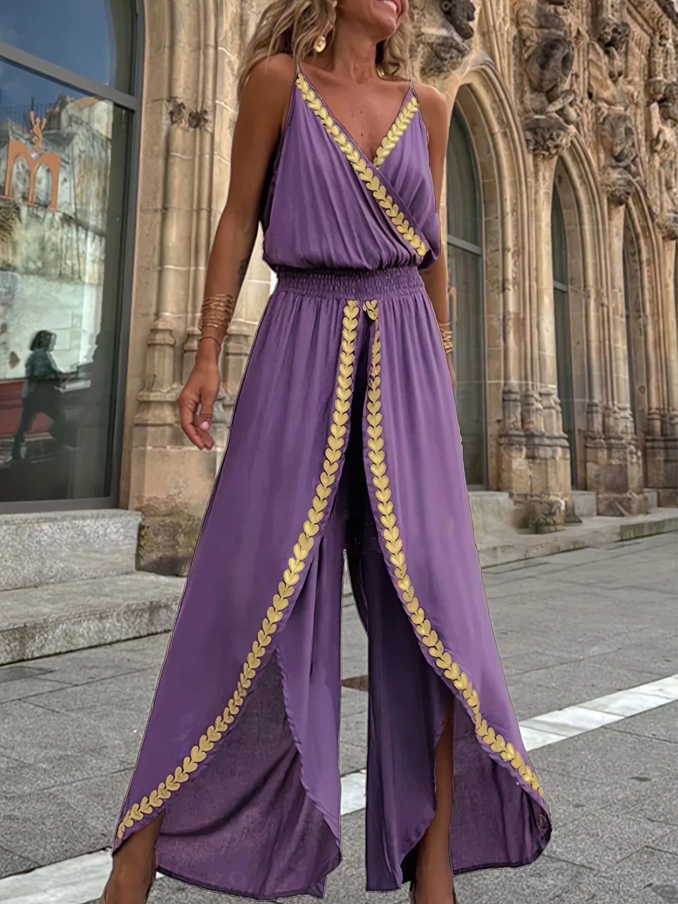 Women's Purple Jumpsuit Trimmed Wrap V-Neck High Waist Split Legs Ideal for Beach Vacations Evening Strolls Bohemian Styles