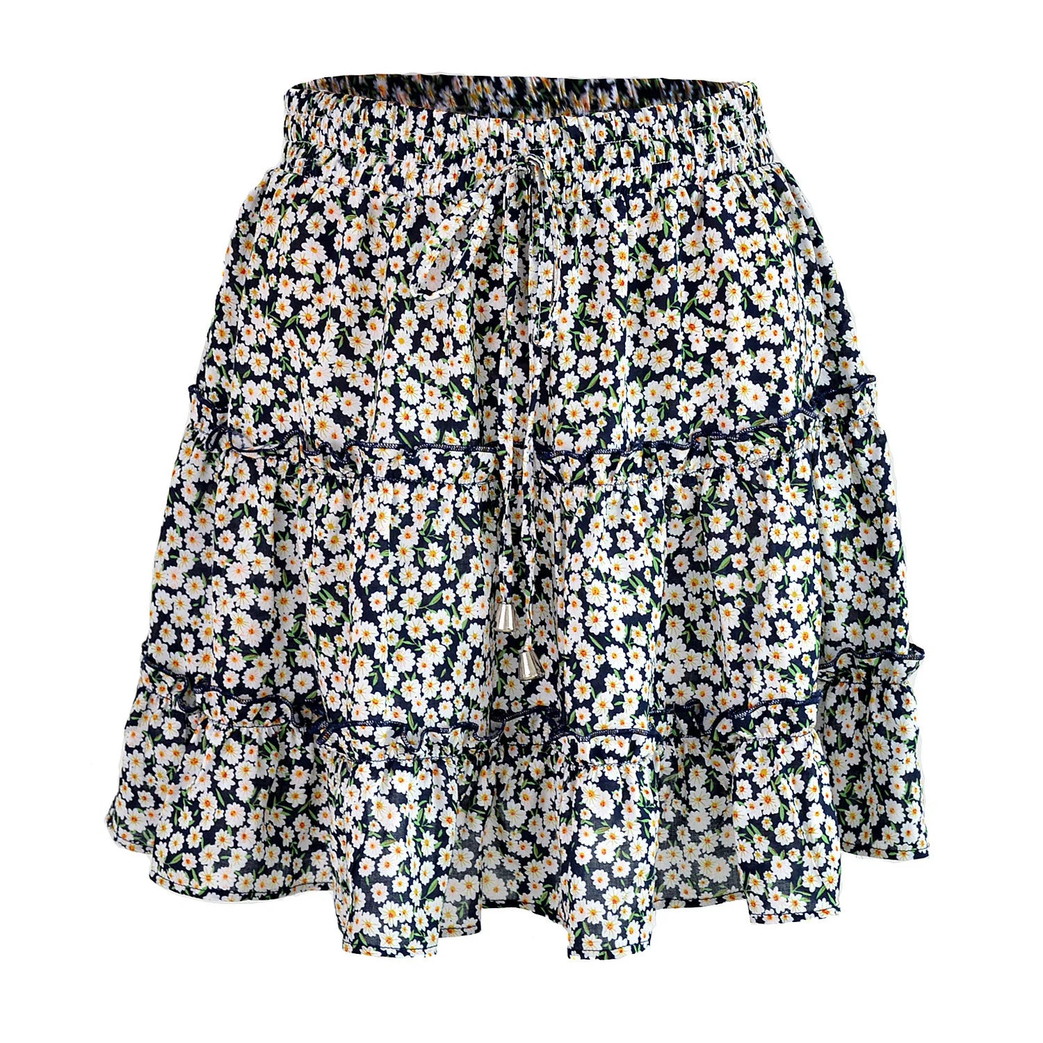 Drawstring Floral Skirt for Women's Beach Summer Tiered Ruffle Mini Design
