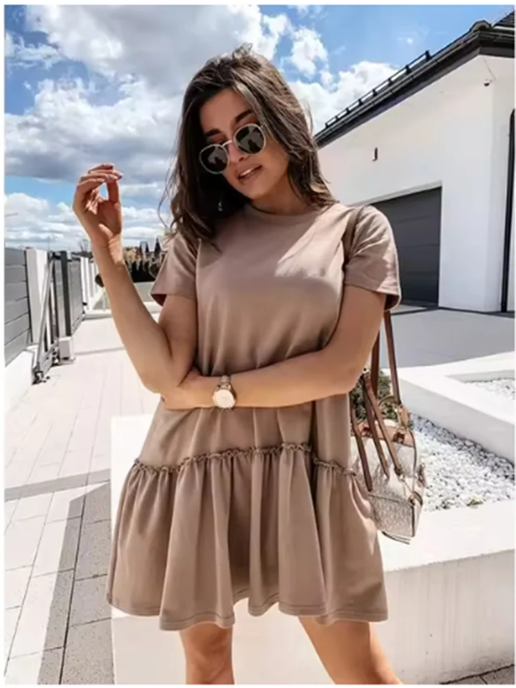 Fashion Ruffled Short Sleeve Dress Women Solid Color Round Neck Mini Dresses Summer Y2K Dress