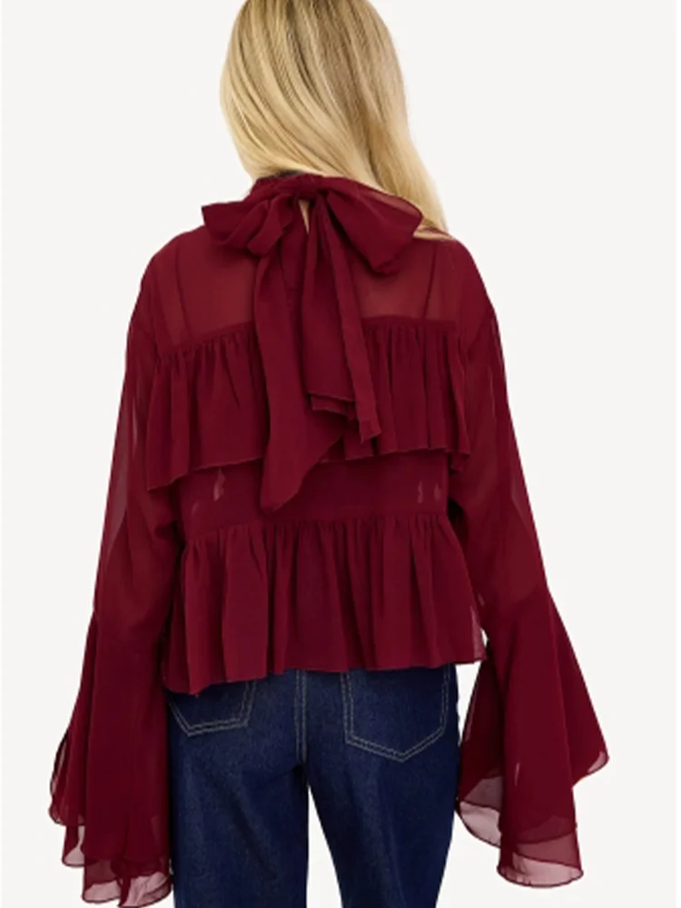 Casual Pleated Ruffled Long Sleeved Solid Color Half High Collar Women's T-shirt Fashion Elegant Daily Commuting Summer Top