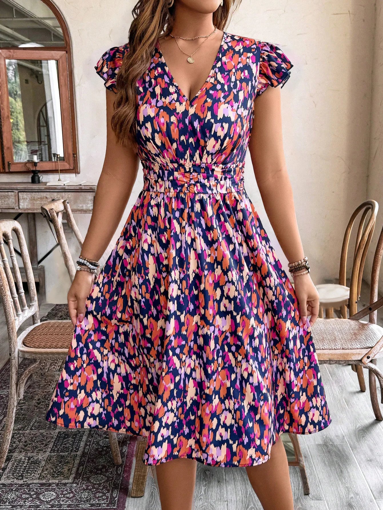 Women's Floral Print Dress V-Neck Ruffled Short Sleeves Elastic Waist Ideal for Summer Vacations Beach Outings Bohemian Styles