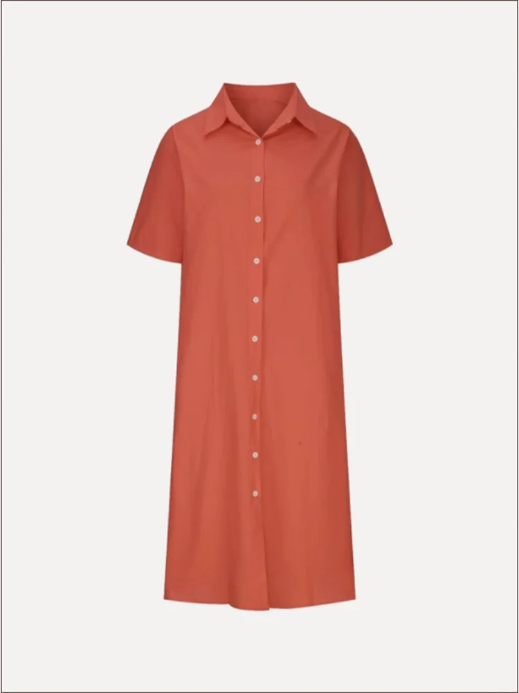 Casual Fashion Street V-neck Shirt Women's Elegant Solid Color Short Sleeve Button Dress