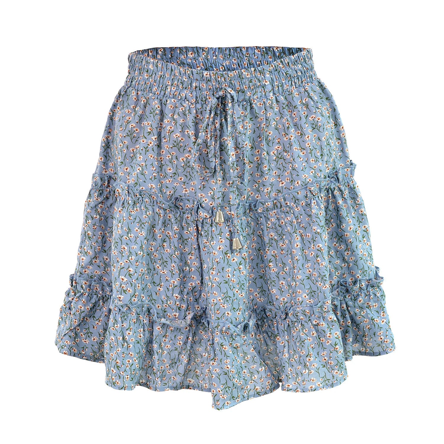 Drawstring Floral Skirt for Women's Beach Summer Tiered Ruffle Mini Design