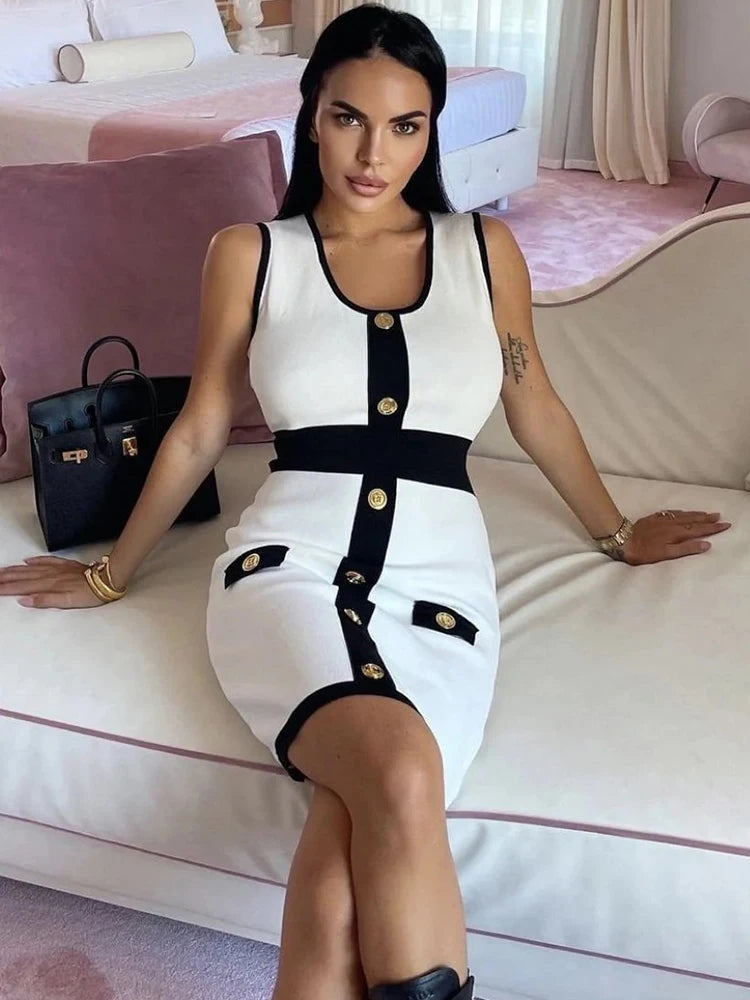 Women's Contrast Dress Sleeveless Button Front Pocket Details Ideal for Street Style Party Nights Trendy Looks