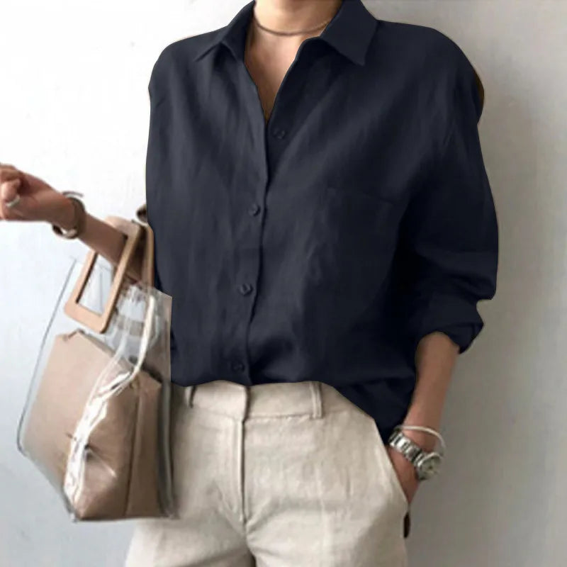 Women's Long-Sleeved Collared Button Comfortable Casual Blouse Spring Office Cotton-Linen  POLO Shirt