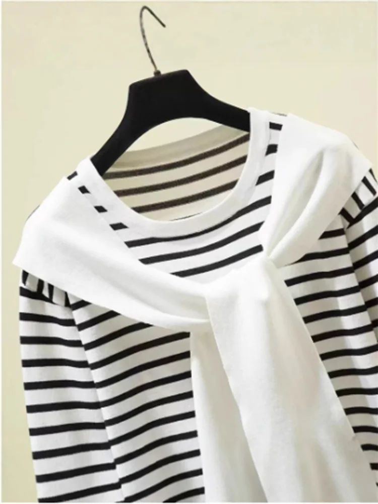 2 In 1 Striped Long Sleeved Navy Collar Autumn Sweater High Street Fashion Casual Comfortable Women's Top