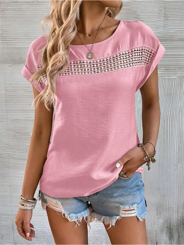 Round Neck Solid Color Short Sleeved Lace Hollow Women's T-shirt High Street Fashion Elegant Versatile Summer Top