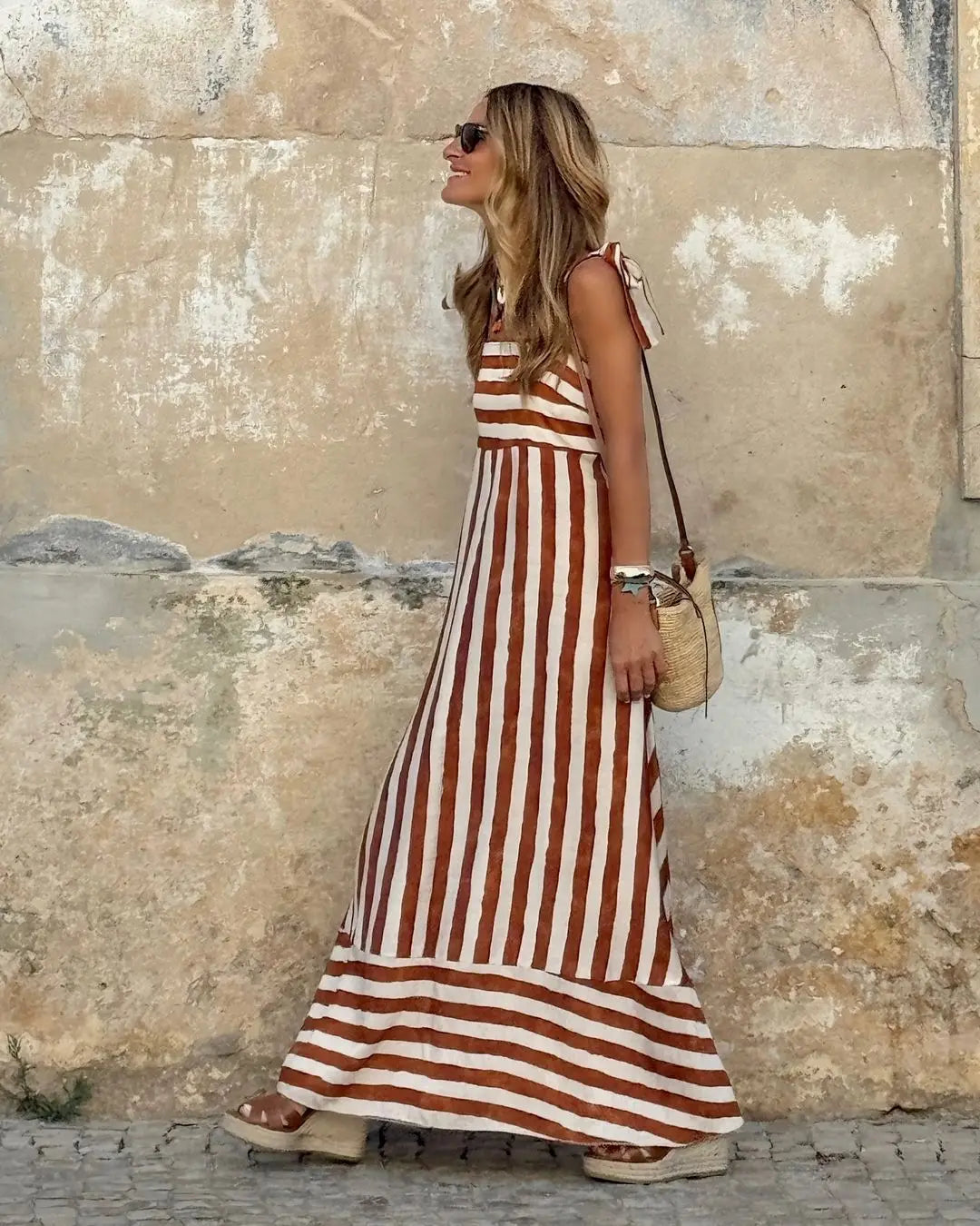 Women's Bohemian Striped Sleeveless Maxi Dress Shoulder Tie Detail Ideal for Summer Casual Outings Beach Walks