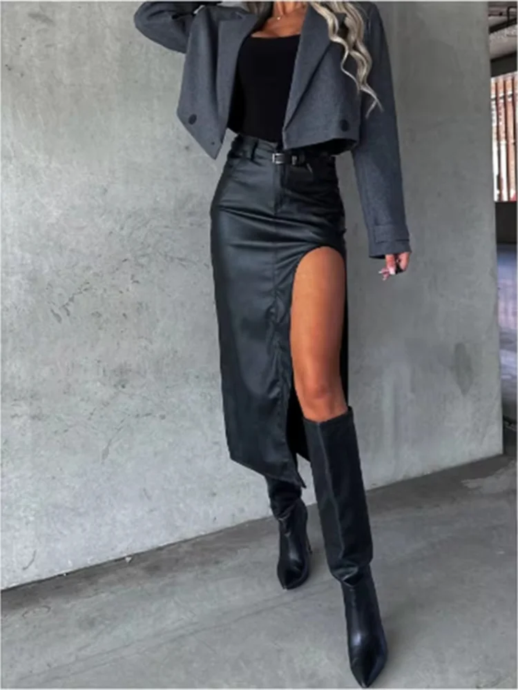 Women's Mid Pu Leather skirt solid Color slit sexy Hip Hugging skirt High Street Party Fashion Punk Style Autumn Skirt