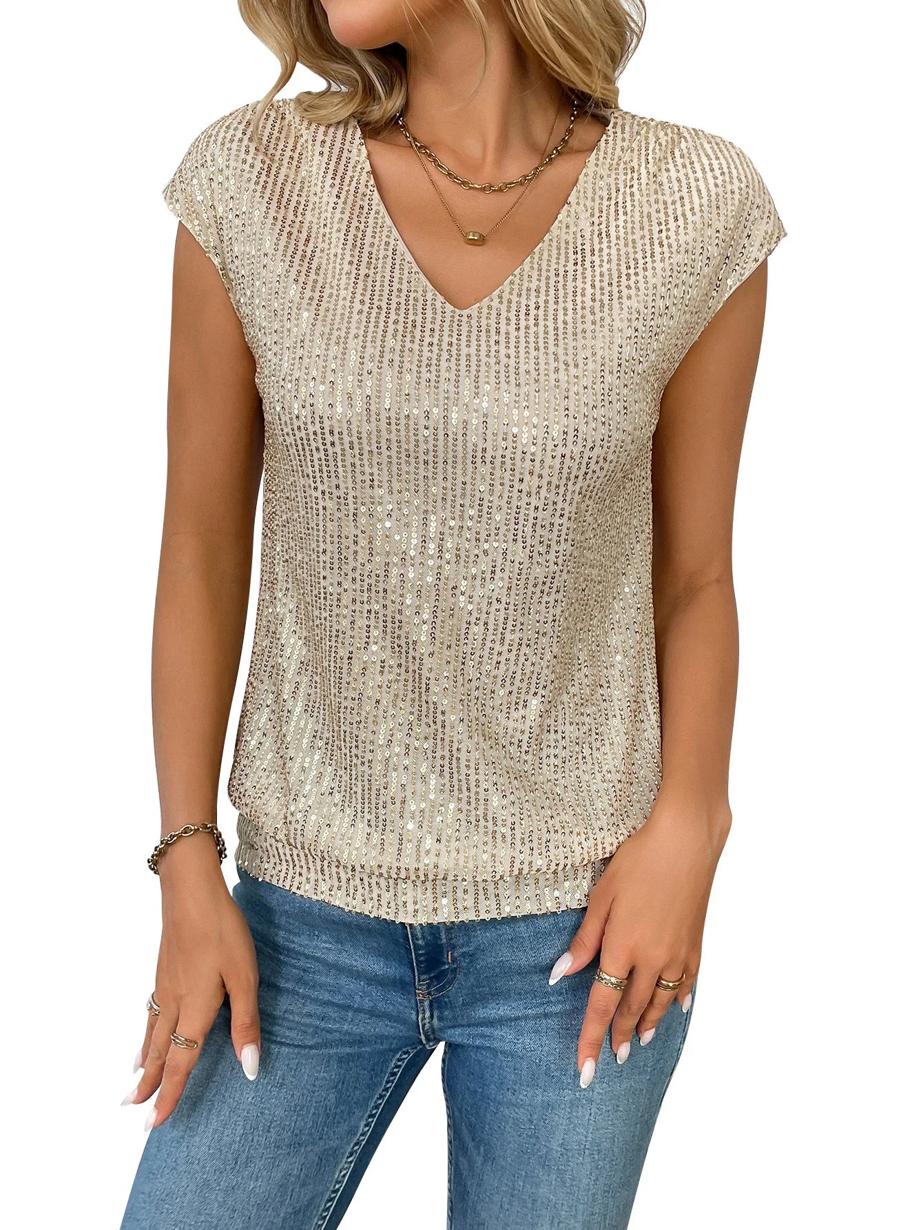 Women's Sparkly Sequin Top V-Neck Cap Sleeve for Stylish Office Days