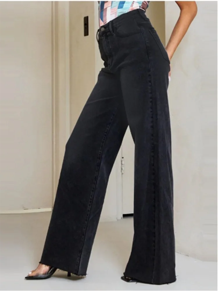 Pocket Button Pants High Waisted Solid Color Women's Jeans Street Fashion Daily Casual Commuting Style Autumn Straight Leg Pants