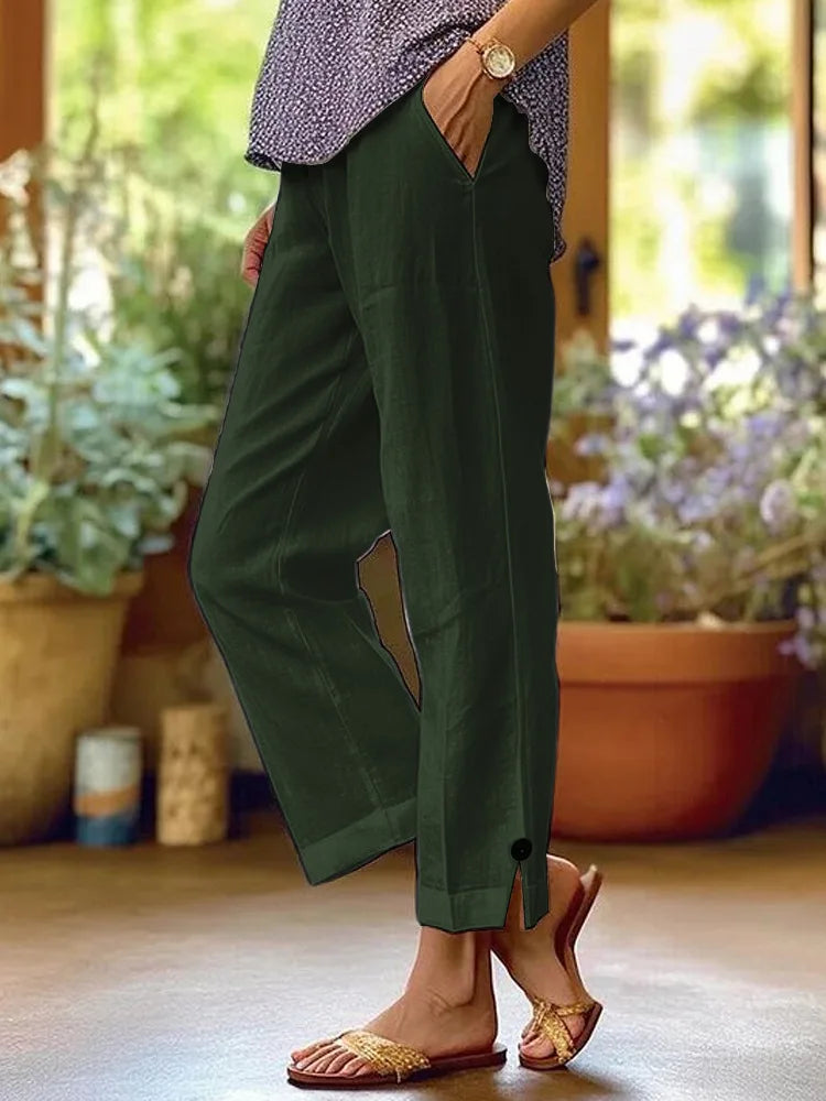 Women's Linen Wide Leg Trousers Side Slit & Button - Detailed Casual Loose Pants