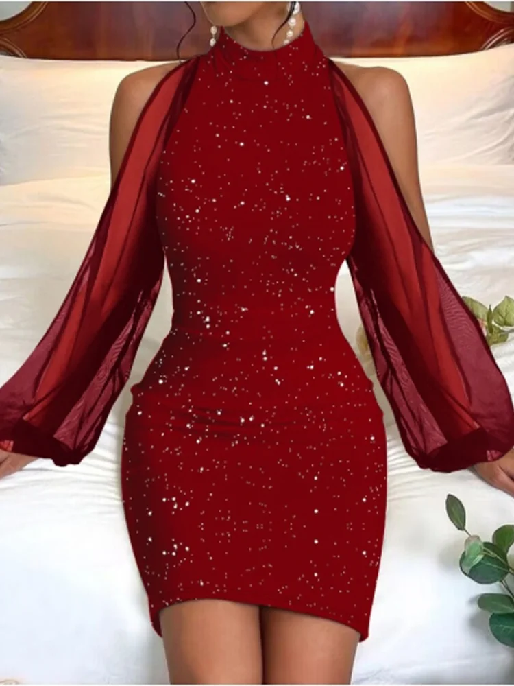 Round Neck Lace Lantern Long Sleeved Sequin Sexy Women's Hip Hugging Skirt Date Party Fashionable Slim Autumn Dress