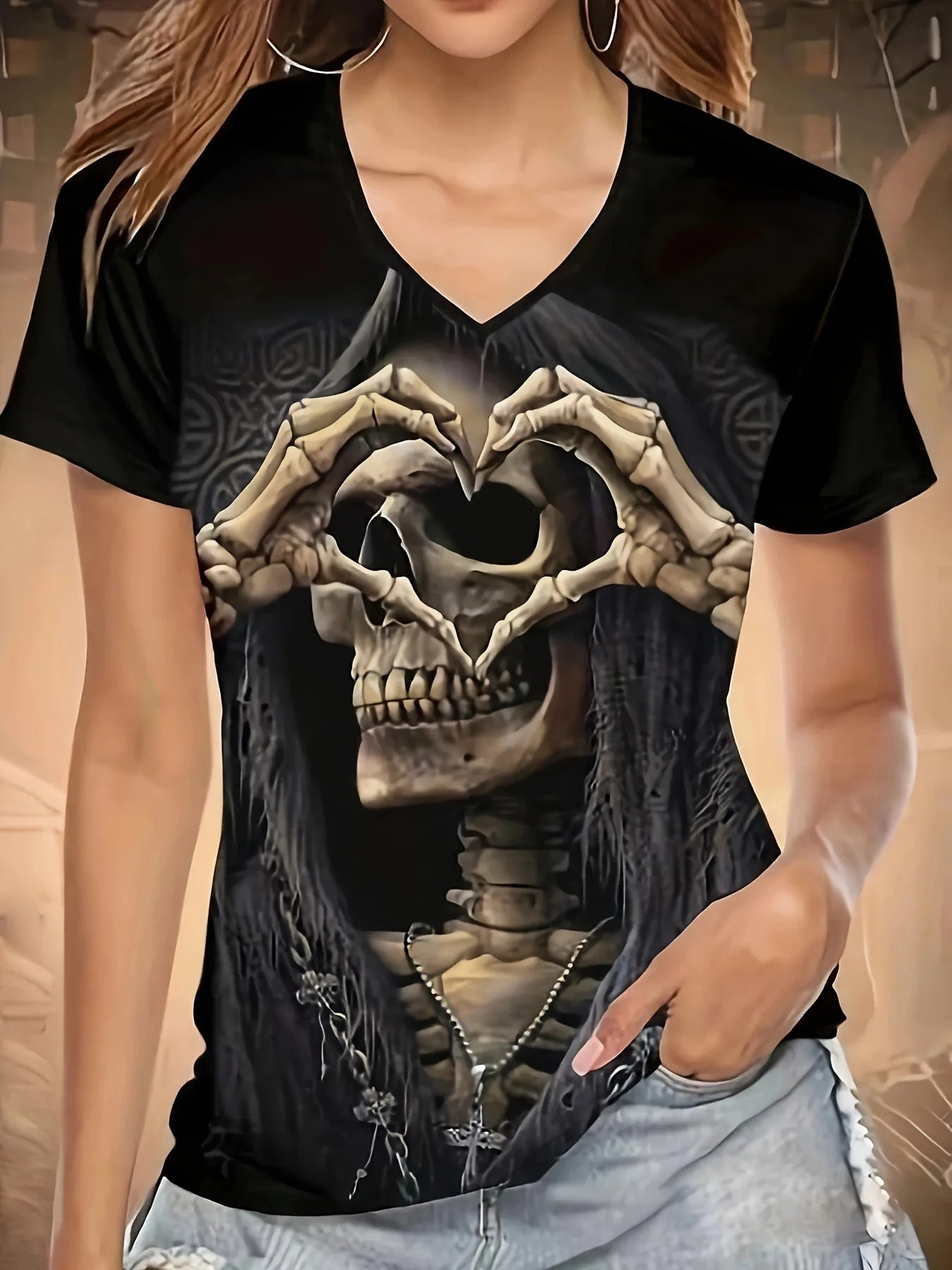 Chic Skull Black T-shirt Women's  V Neck Short Sleeve Summer Casual Print T-shirt Pullover