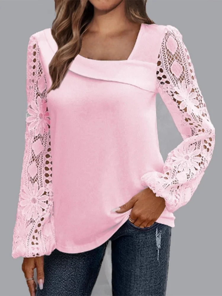 Solid Color Diagonal Collar Long Sleeved Lace Printed Women's Shirt Street Fashion Elegant Commuting Style Spring Top