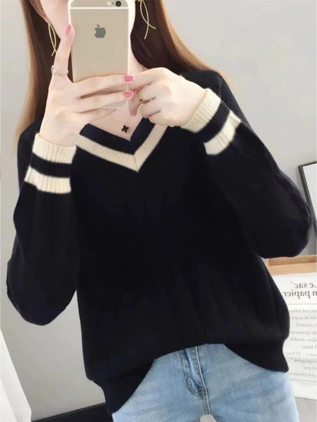 Woman Clothes Black V Neck Sweater Contrast Color Trim on Collar Cuffs Ideal for Casual Outings Office Days Trendy Layering